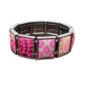 💥2/$15 Jilzara pretty pink green fuchsia silver floral plates stretch bracelet